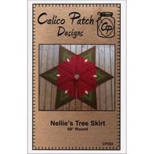 May include: A red, green, and white quilted tree skirt with a starburst design. The skirt is 60 inches in diameter and is labeled "Nellie's Tree Skirt" and "CP923".