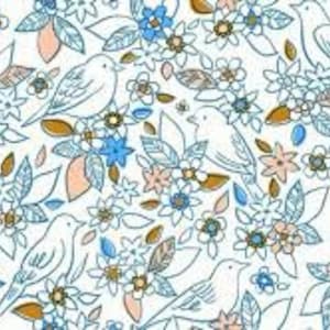 May include: A seamless pattern featuring white birds, blue and pink flowers, and brown leaves on a white background.