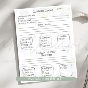 May include: A printable custom order form and receipt template with a watercolor background. The form includes sections for customer details, order details, delivery options, payment methods, and total paid.