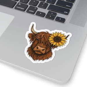 Cow Sticker Sunflower Highland Cow Decor Laptop Sticker Country