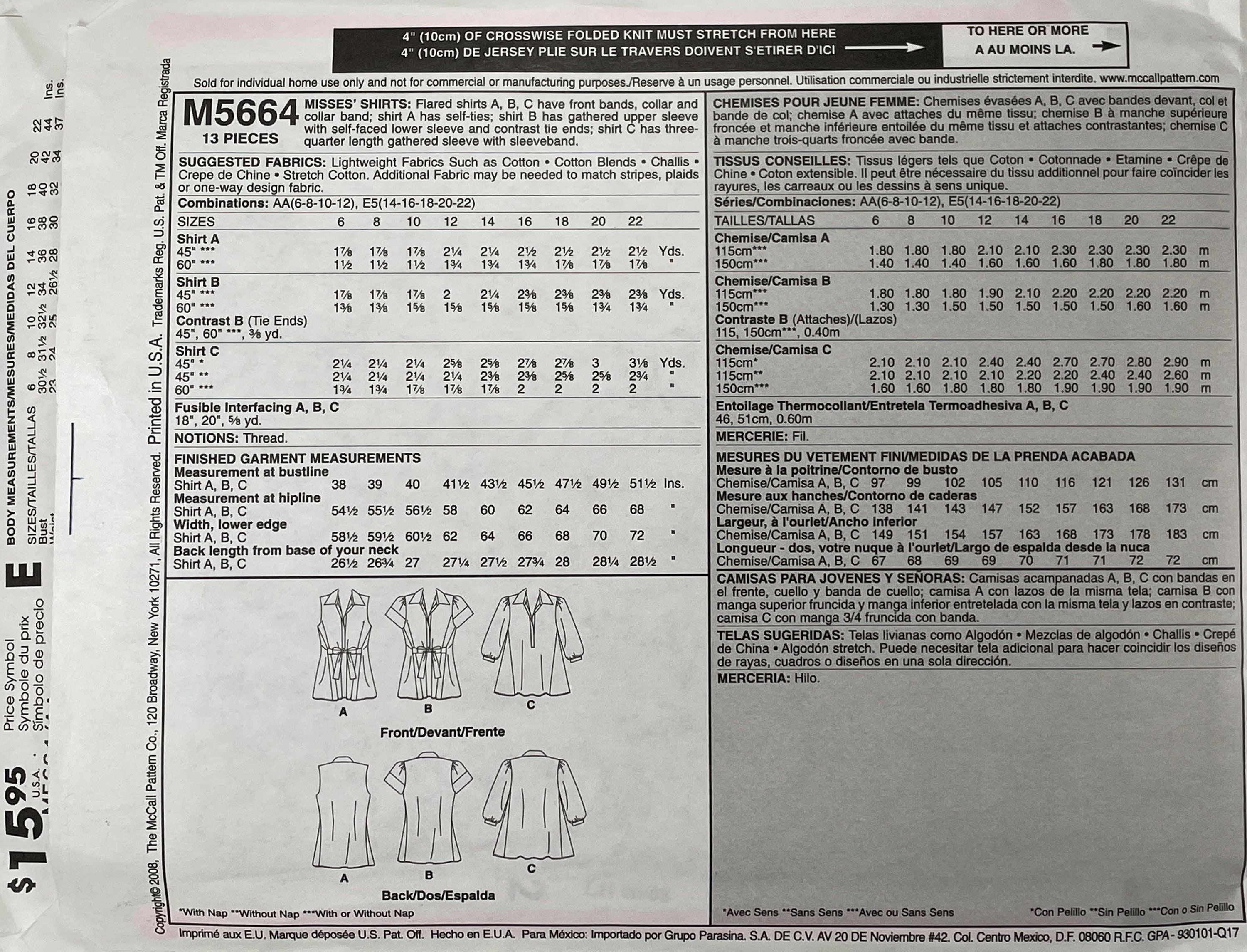 Misses Shirt Mccall's Sewing Pattern M5664 Sizes 6-12 - Etsy