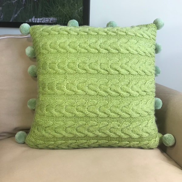 Hand Knitted Pillow Cover, Green Hand Knitted Cushion Cover with Green Pom Pom.