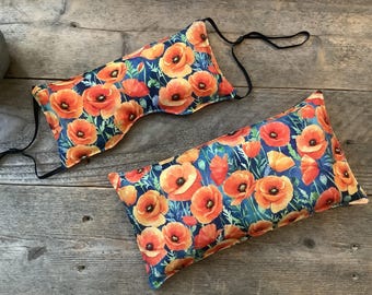 Set of 2 | UNSCENTED | Medium Rice Heat/Cold Pad + Weighted Eye Mask | Tangerine Poppies | Cotton Fabric | Microwavable/Freezer | Handmade:)