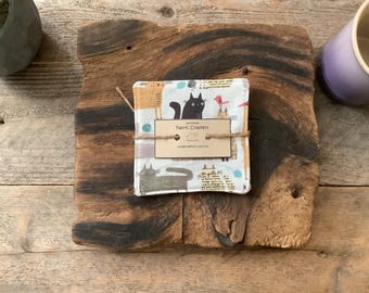 Set of 2 | Fabric Coasters | Cats | Neutral Colors | Cotton | 4.5 Inch | Coffee | Tea | Office | Kitty Lover Gift | Handmade | Ready to Ship