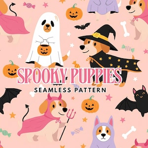 May include: A seamless pattern with cartoon dogs in Halloween costumes, such as a ghost, witch, and devil. The design includes pumpkins, bats, candy, and the text "Spooky Puppies". The background is a pale pink colour with stars.
