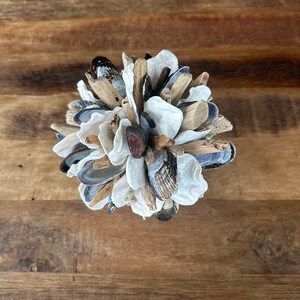 May include: A decorative sphere made of white and blue seashells and driftwood. The sphere is arranged in a cluster of shells and wood.