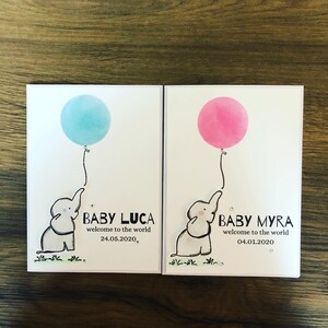 Personalised Welcome Baby Greeting Card. Baby Girl. Baby Boy. New Baby. New Parents. Parents to be. Congratulations Elephant Balloons Card