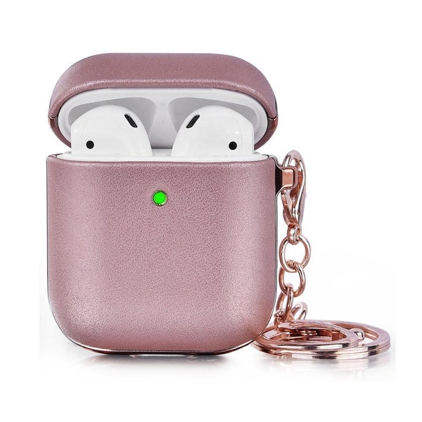 Rose Gold Airpods Case Leather With Keychain, Protective Airpod Case, Apple Headphones, Airpods 1 and Airpods 2