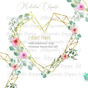 Heart Clipart Watercolor floral heart  Blush Rose gold polygonal heart  frame  Boho design Wedding invitation Sublimation,Commercial Use
