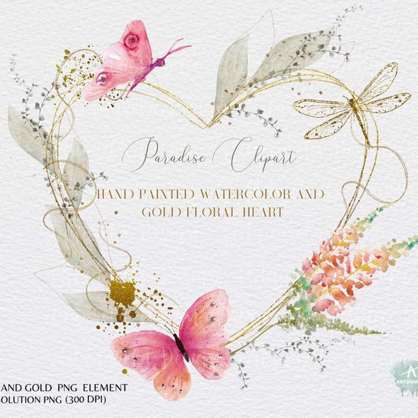 Watercolor and Gold  Floral  Heart Clipart with  Dragonfly , Butterfly Pink  Wild flowers, heart frame  High resolution png Commercial Use