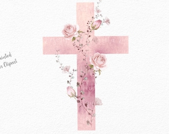 Cross Clipart PNG-Dusty rose floral cross -Catholic Cross-First Communion -Church Cross - Girl  Baptism -Decorated Cross with pink roses