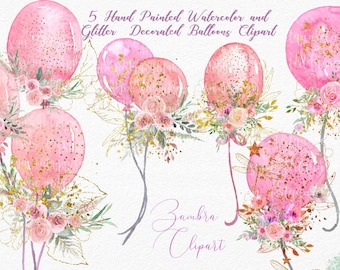 Watercolor Floral Balloons Clipart: Pink & Gold Confetti (PNG Digital Download)