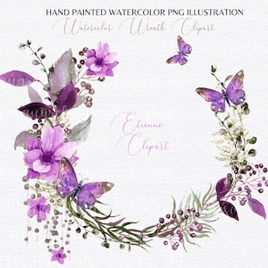 Handgemalter Aquarell lila Blumenkranz mit Schmetterlingen Clipart PNG Blumenrahmen DIY Sublimation Sofortiger download Kommerzielle Nutzung
