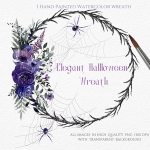 May include: A watercolor wreath with purple flowers, leaves, and spiderwebs. The wreath is decorated with two black spiders. The text "Elegant Halloween Wreath" is written in purple letters.