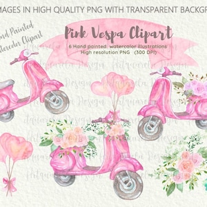 Watercolor Vespa clipart,Vintage motorcycle  png, Pink Floral bouquet DIY ,Romantic Wedding ,Heart Ballon,Ribbon,Hand painted  illustrations