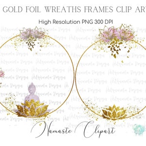 Fiori di loto e Buddha Clip Art Cornici finite con ghirlande di loto, Cerchi in lamina d'oro, Zen, Yoga, Meditazione PNG ad alta risoluzione Uso commerciale