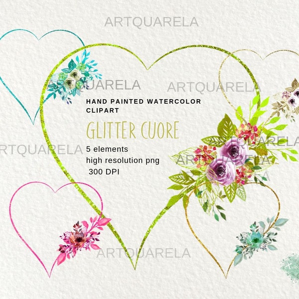 Glitter Heart Clip Art,Watercolor floral pre-made frames,Romantic frames, Gold heart Png ,Wedding Invitation,Sublimation,For  Commercial Use