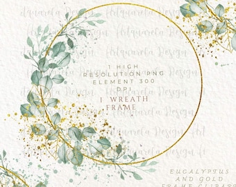 1 Eucalyptus Wrearth Frame Clipart,Gold circle frame Hand Painted Watercolor Greenery and gold foil  Embellished border png  Commercial Use