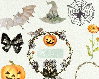 May include: Orange Halloween watercolor clipart set with two wreaths, a witch's hat, a spider web, a bat, a pumpkin, a bow, and a flower.  The wreaths are decorated with black lace bows, spider webs, and branches.  The pumpkin has a carved jack-o'-lantern face.  The witch's hat is decorated with flowers.  The spider web has a spider in the center.  The bat is flying.  The bow is black with white lace.  The flower is orange with green leaves.