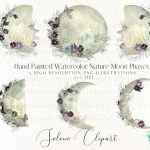 May include: Five watercolor illustrations of moon phases with floral and bird accents. The moon phases are in various stages of fullness, from a crescent to a full moon. The illustrations are in shades of green, gray, and purple.