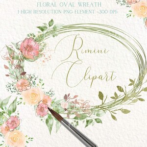 Op de afbeelding: Een aquarel bloemenkrans met roze en perzikkleurige bloemen en groene bladeren. De krans is ovaalvormig en heeft een delicate, handgeschilderde stijl. De tekst "Rimini Clipart" is in cursief op de krans geschreven.