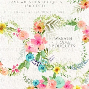 Bright Watercolor Flowers  Clipart Colorful Flowers Bouquets Wreath Clip Art  boho floral summer  frames Instant download Commercial Use PNG