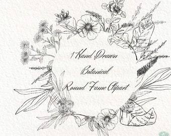 Può includere: Illustrazione in bianco e nero di un telaio botanico rotondo con fiori e foglie. Il testo "1 Hand Drawn Botanical Round Frame Clipart" è al centro del telaio. Il testo "high resolution png element (300 DPI)" è sotto il telaio.