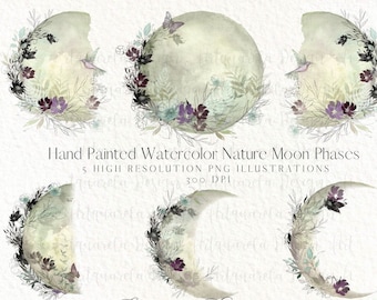 Watercolor Moon Phases Clipart, Floral Moon, Celestial Design (PNG)