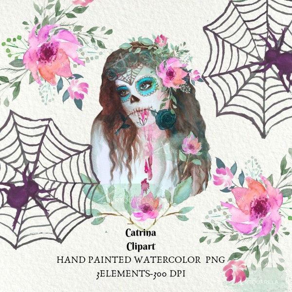 Catrina Clipart, aquarelle La Catrina Face png, jour des morts, Santa Muerte, icône mexicaine, peinture à usage commercial