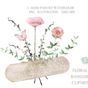 Watercolor bandage clipart,Care ,Selflove clipart,Nurse clip art, Floral band aid graphic,Instant download ,trendy design PNG Commercial Use
