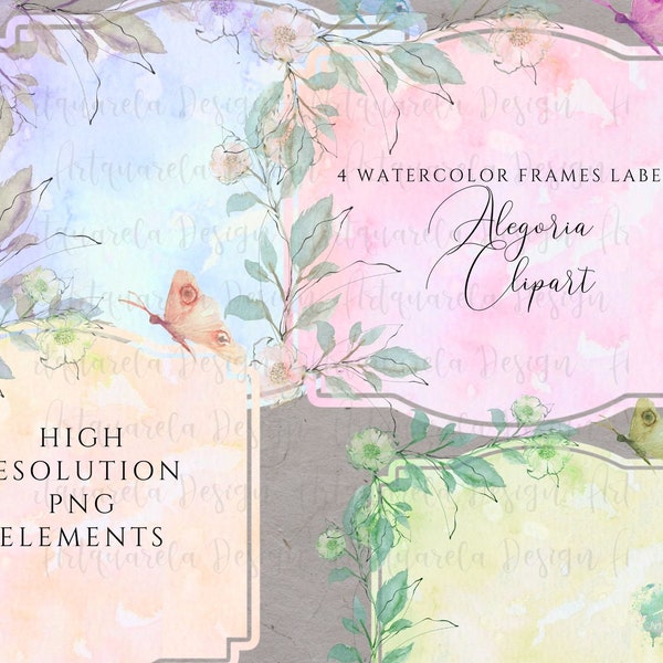 Agrémenté Clipart cadres aquarelle Pastel Floral Shabby Chic frontière PNG, dessins à la mode étiquettes mariage douche nuptiale usage Commercial