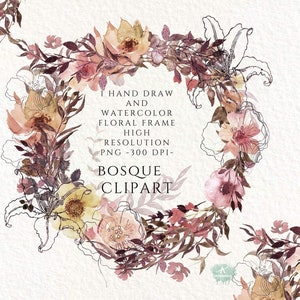 1 Aquarell Dusty rose braun Blumen Kranz Rahmen png Getrocknete Blumenrahmen Linie Zeichnung botanische Herbst Rahmen Clipart Kommerzielle Nutzung