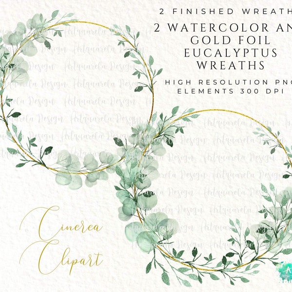 Eucalyptus Wrearth Frames Clipart,2 Greenery and gold foil  Embellished border Watercolor Eucalyptus trendy design wedding Commercial Use