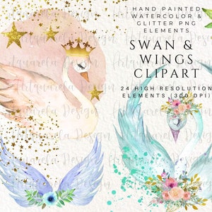 Wild swan clipart, Watercolor wings  clipart, Swan Princess ,Flowers, Glitter Crown, Nursery clipart, Pink Swan bird png Commercial use