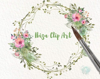 May include: A watercolor floral wreath frame with pink and peach flowers and green leaves. The wreath is in the shape of a circle and has a white background. The text "Ibiza Clip Art" is written in green letters on the wreath.