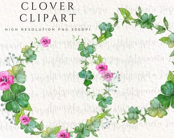 2 Watercolor  Clover wreaths ,St Patricks Day  clipart , Clover and flowers  frame,  DIY invitation green leaves wreath  Commercial Use