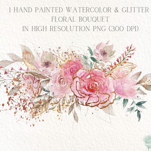 Aquarela pintada à mão e flores de ouro rosa clipart buquê arranjo de moldura de borda floral casamento boho blush rosa buquê uso comercial