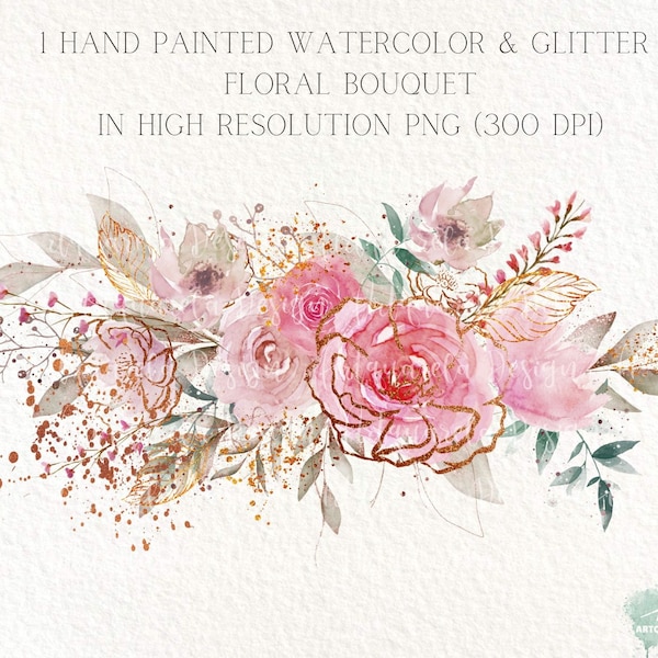 Hand Painted Watercolor & Rose Gold Flowers Clipart Bouquet  Floral border frame Arrangement Wedding  Boho Blush Pink Bouquet Commercial Use