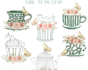 Watercolor Floral Teacup Clipart: Vintage Teapot Graphics (Instant Download)