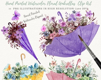 Akwarela z kwiatowym parasolem: Zestaw ręcznie malowanych obrazów PNG (300 DPI)