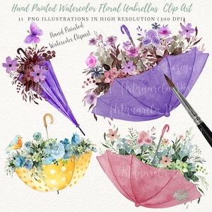 Hand Painted  Watercolor Floral Umbrellas clip art-Colorful Umbrellas with flowers  clip art set- Watercolor Umbrella png Commercial Use