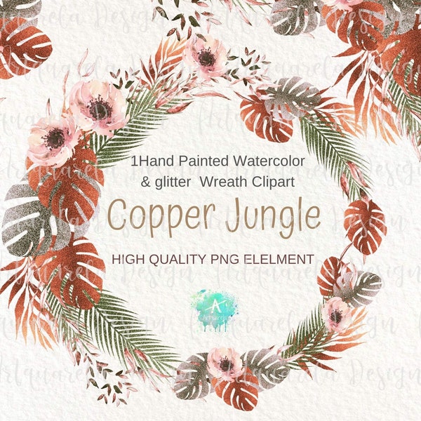 Glittter & Watercolor tropical  Wreath  Clipart Boho Terracotta Brillant Monstera Copper leaves Wreath Wedding Invitation Commercial Use