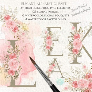 Conjunto de imágenes prediseñadas del alfabeto floral, iniciales para bodas, monogramas, letras florales de acuarela, diseño de sublimación, PNG, imágenes prediseñadas, uso comercial