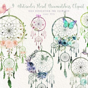 9 Floral dreamcatcher clipart PNG Sublimation design Watercolor dreamcatcher with butterflies birds,flowers boho style  Commercial Use
