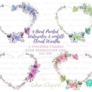 4 aquarela floral coração clipart, borboleta e flores corações png quadros mão desenhado coração convite de casamento sublimação, uso comercial