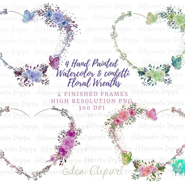 4 Watercolor floral Heart Clipart,Butterfly and flowers hearts png frames hand drawn heart Wedding invitation Sublimation,Commercial Use