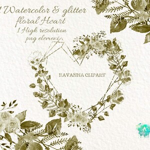 Floral Heart Clipart: Beige Watercolor Flowers, Glitter Frame (PNG Digital Download)