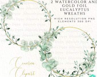 Eucalyptus Wrearth Frames Clipart,2 Greenery and gold foil  Embellished border Watercolor Eucalyptus trendy design wedding Commercial Use
