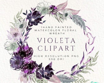 Watercolor Floral Wreath Clipart, Purple Pink Lilac Design (PNG)