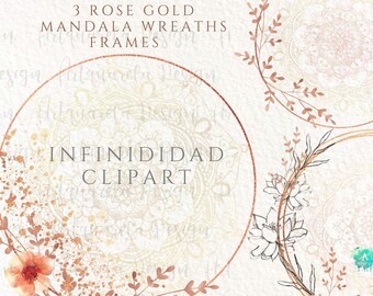 Rose Gold Mandala Wreath Clipart: Floral Frames (Digital Download)